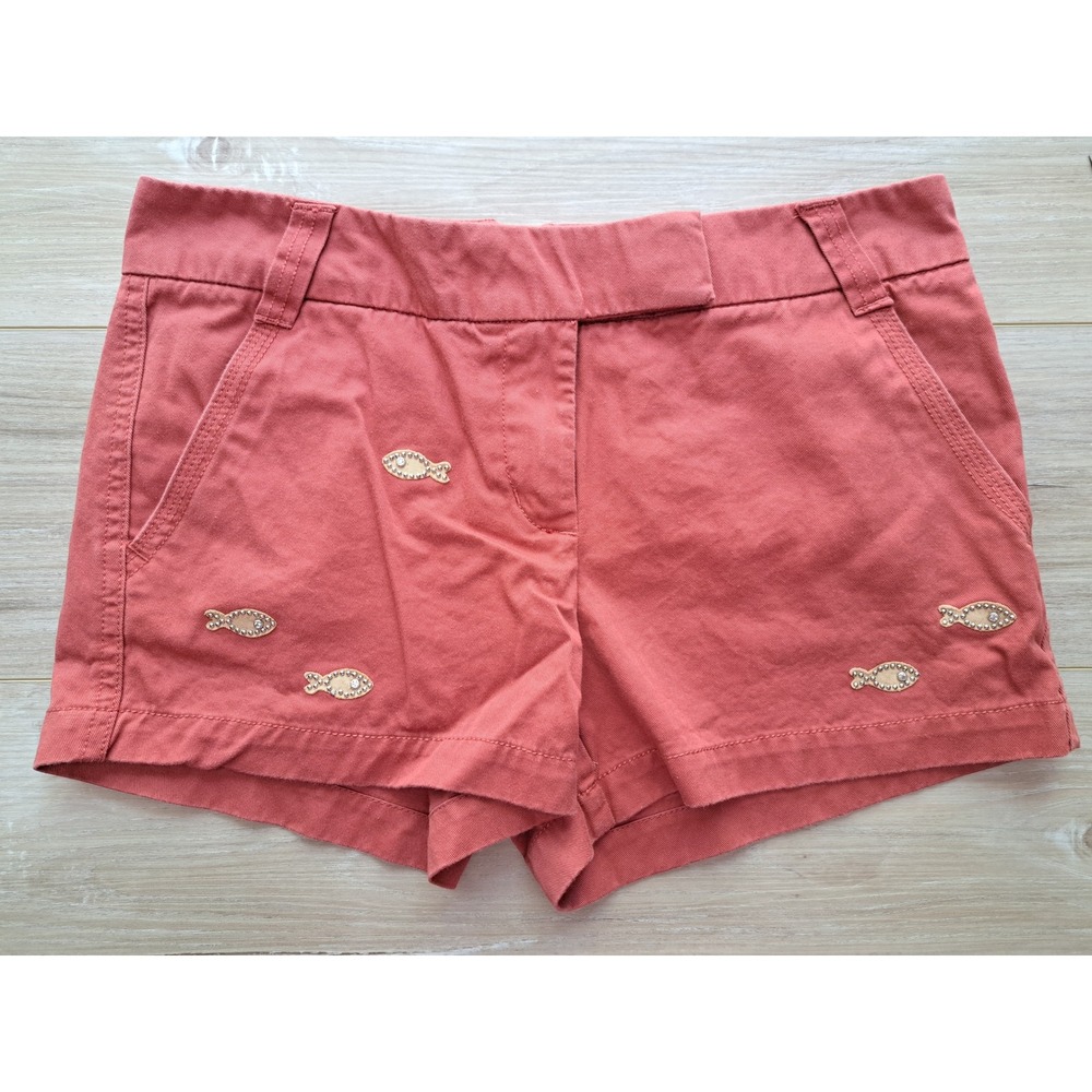 J.Crew Womens Chino Shorts Coral Pink Fish Studded Rhinestone Applique Size 8